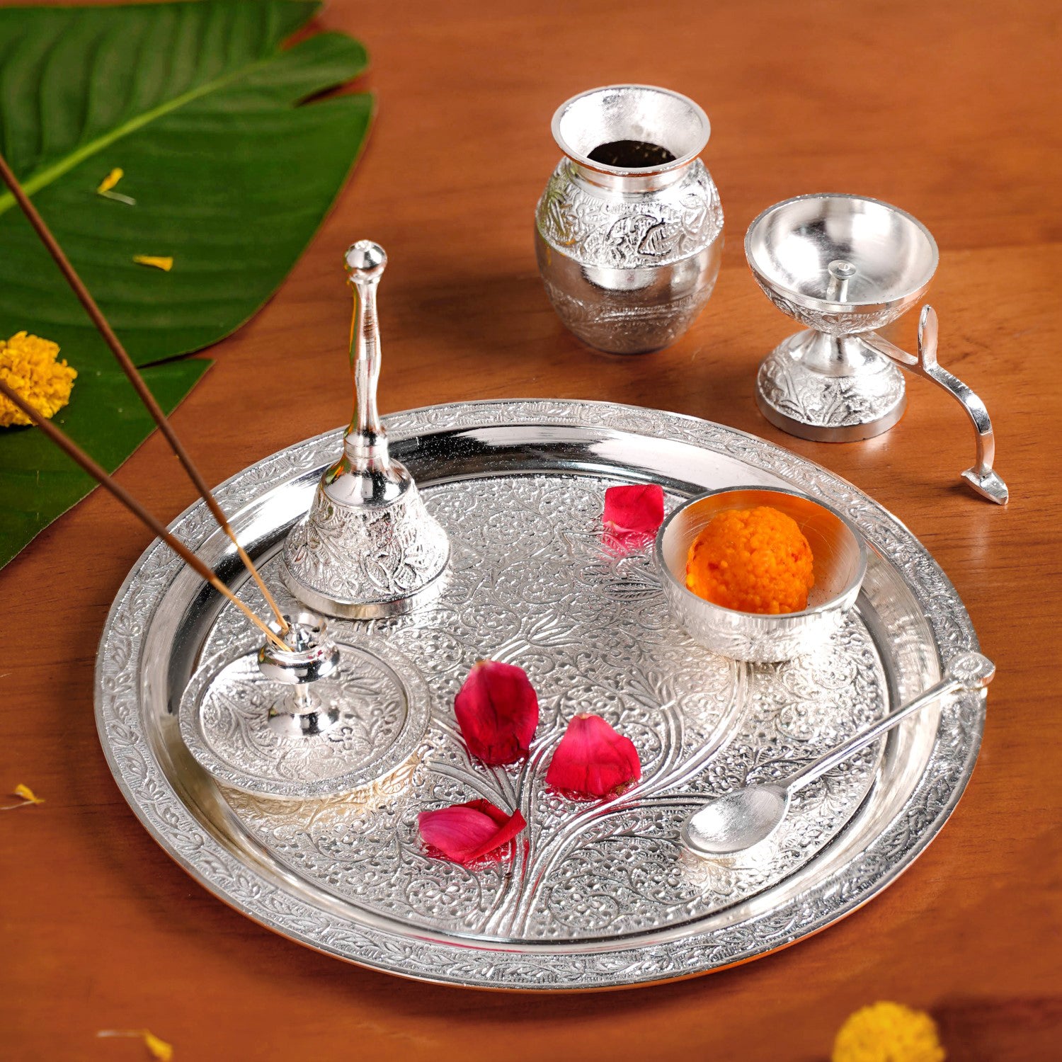 Embossed Silver Pooja Thali Set Of 7 With Kalash Spoon Bowl Bell Diya