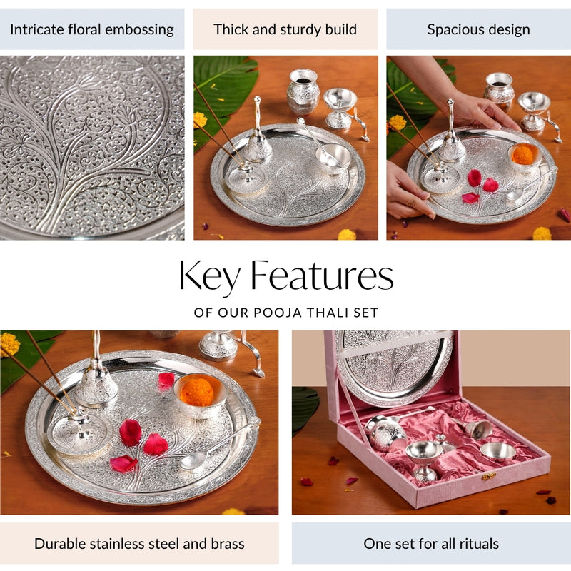 Embossed Silver Pooja Thali Set Of 7 With Kalash Spoon Bowl Bell Diya
