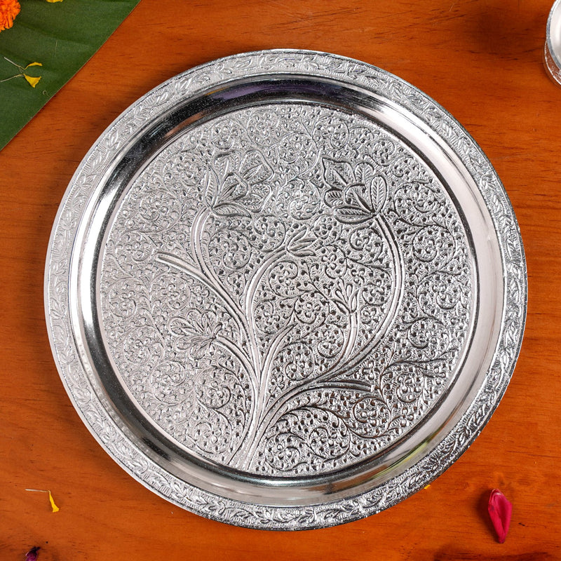 Embossed Silver Pooja Thali Set Of 7 With Kalash Spoon Bowl Bell Diya
