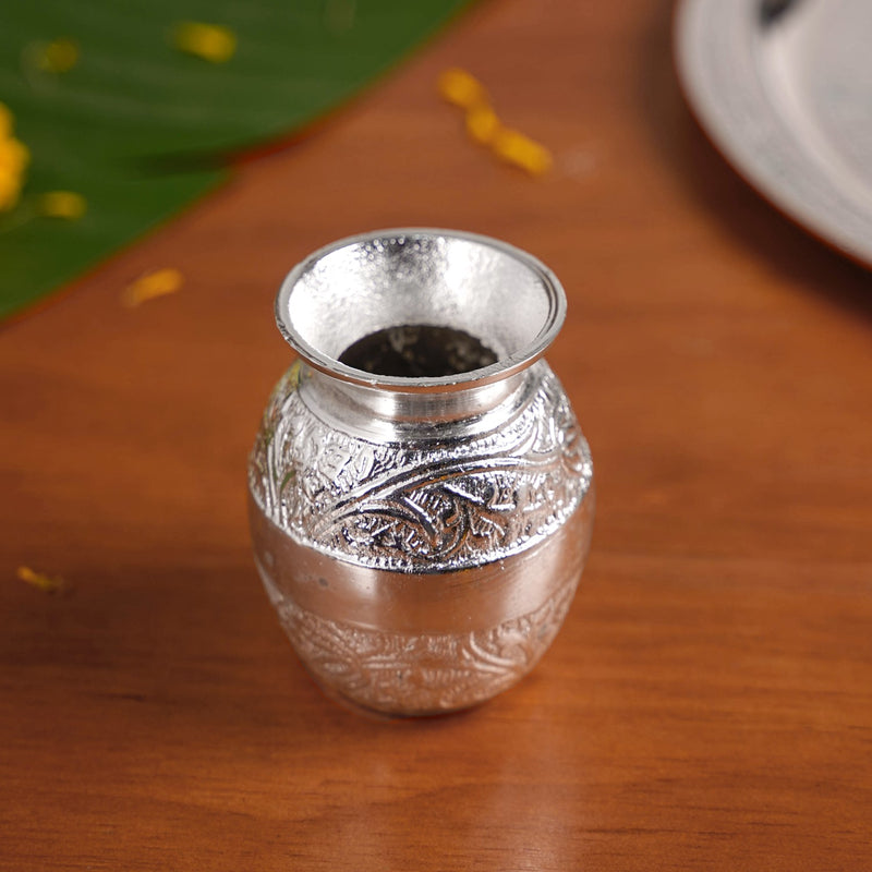 Embossed Silver Pooja Thali Set Of 7 With Kalash Spoon Bowl Bell Diya