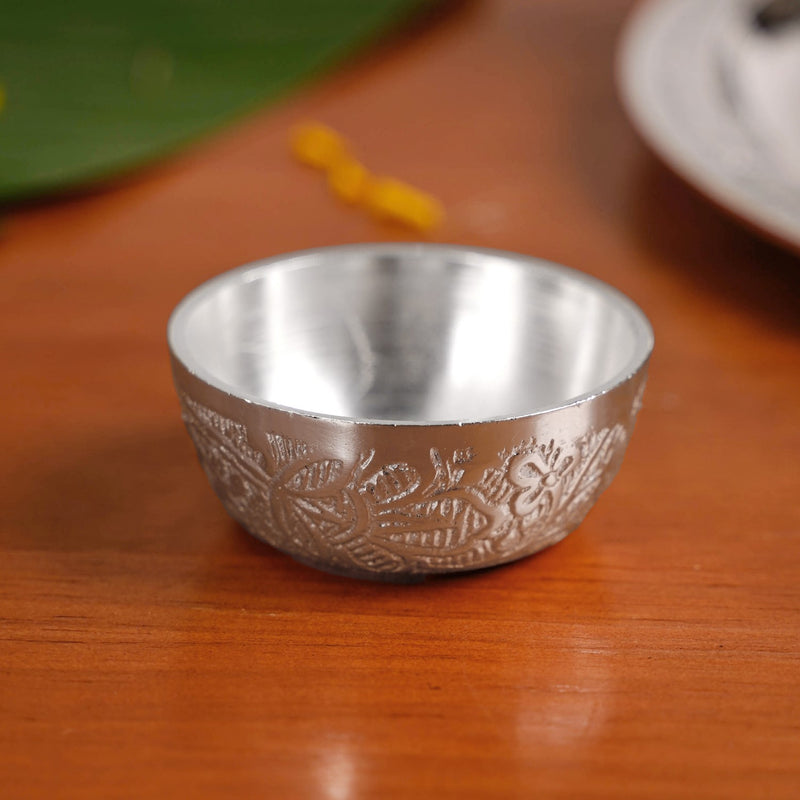Embossed Silver Pooja Thali Set Of 7 With Kalash Spoon Bowl Bell Diya