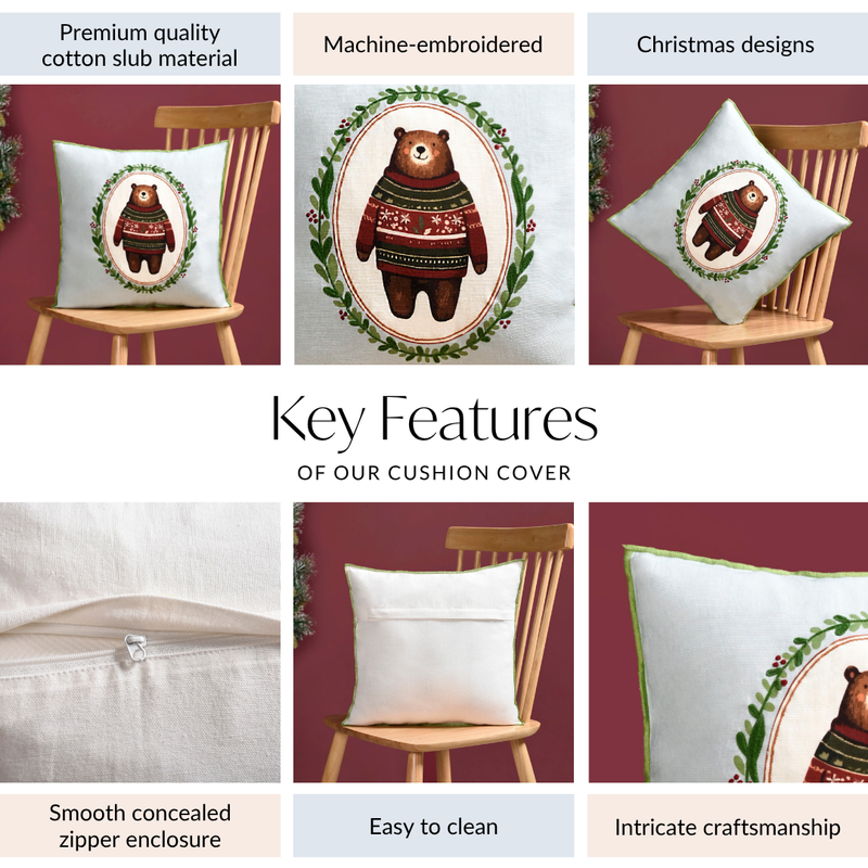 Tufted Embroidery Bear Cotton Cushion Cover 40x40cm