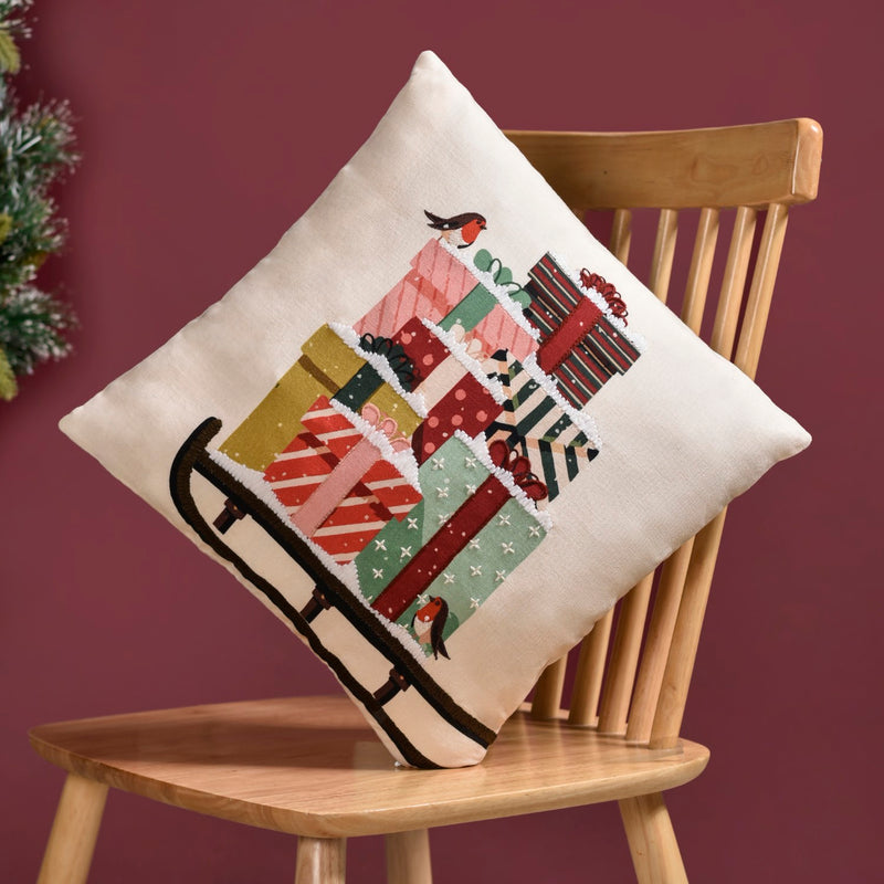 Embroidered Christmas Gifts Cushion Cover 37x37cm