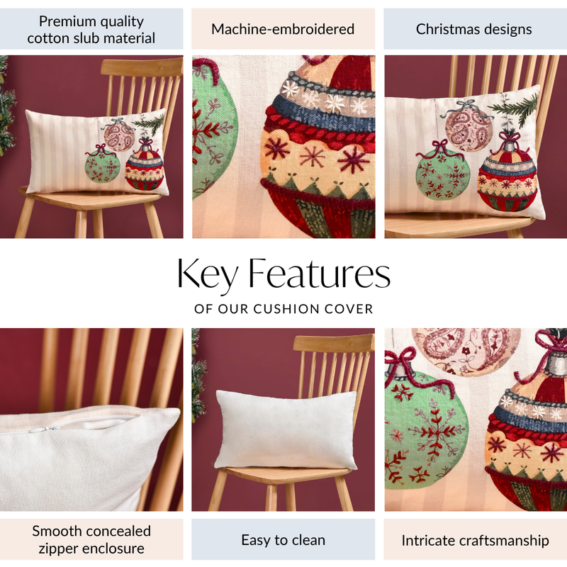 Embroidered Christmas Ornament Cotton Cushion Cover 50x30cm
