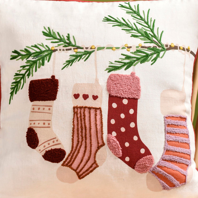 Embroidered Stockings Cotton Cushion Cover 40x40cm