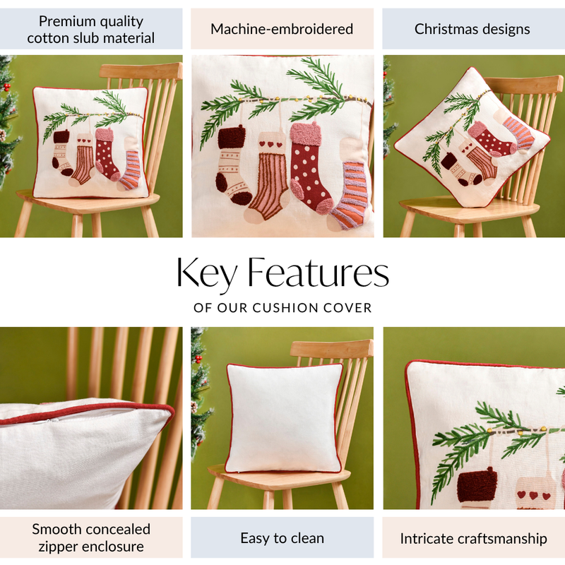 Embroidered Stockings Cotton Cushion Cover 40x40cm