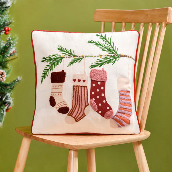 Embroidered Stockings Cotton Cushion Cover 40x40cm