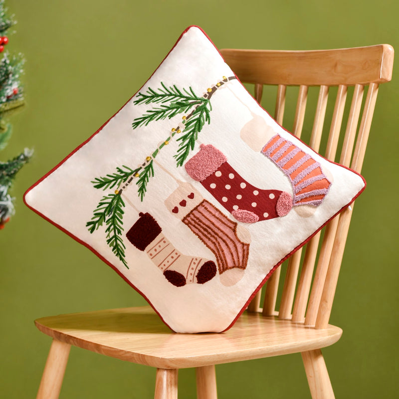 Embroidered Stockings Cotton Cushion Cover 40x40cm
