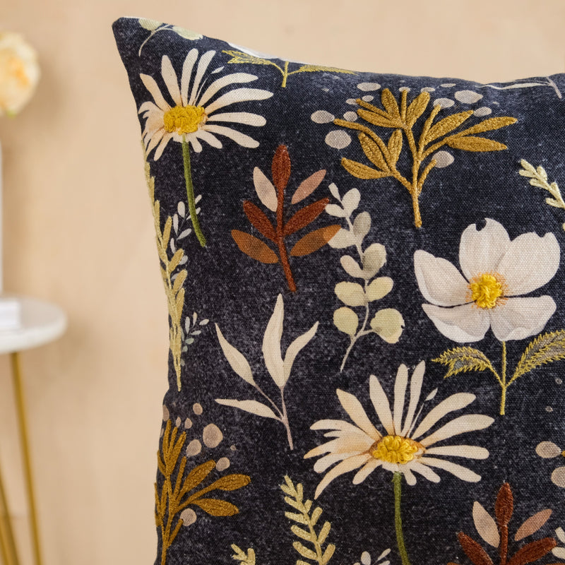 Embroidered Garden Cotton Cushion Cover 40x40cm