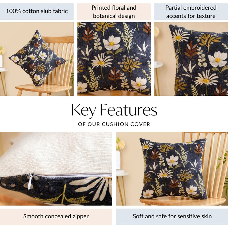 Embroidered Garden Cotton Cushion Cover 40x40cm