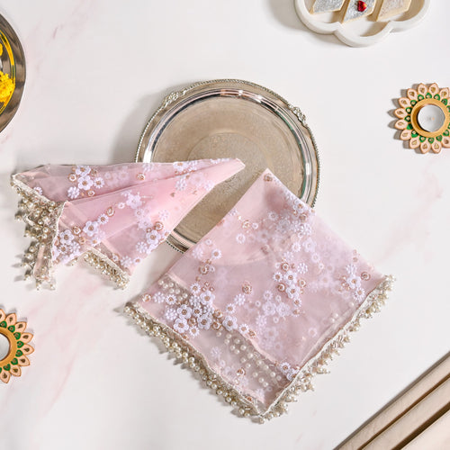 Embroidered Rose Pooja Thali Cover Set Of 2