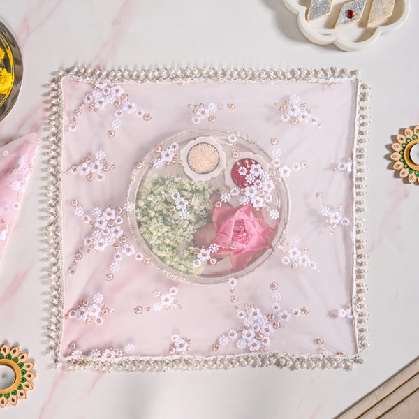Embroidered Rose Pooja Thali Cover Set Of 2