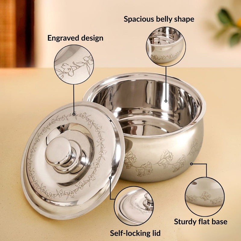 Engraved Floral Stainless Steel Hot Pot Casserole 1500ml
