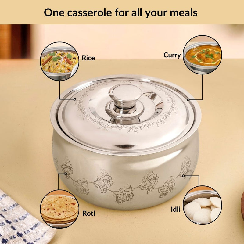 Engraved Floral Stainless Steel Hot Pot Casserole 1500ml