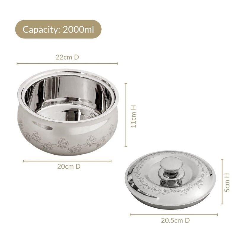 Engraved Floral Stainless Steel Hot Pot Casserole 2000ml