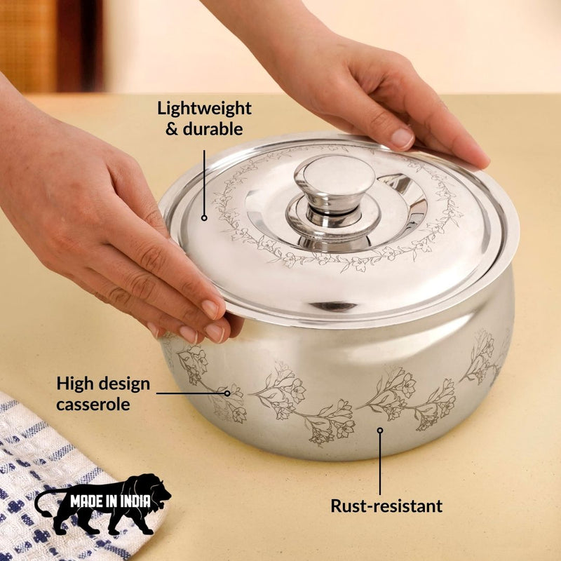 Engraved Floral Stainless Steel Hot Pot Casserole 2000ml