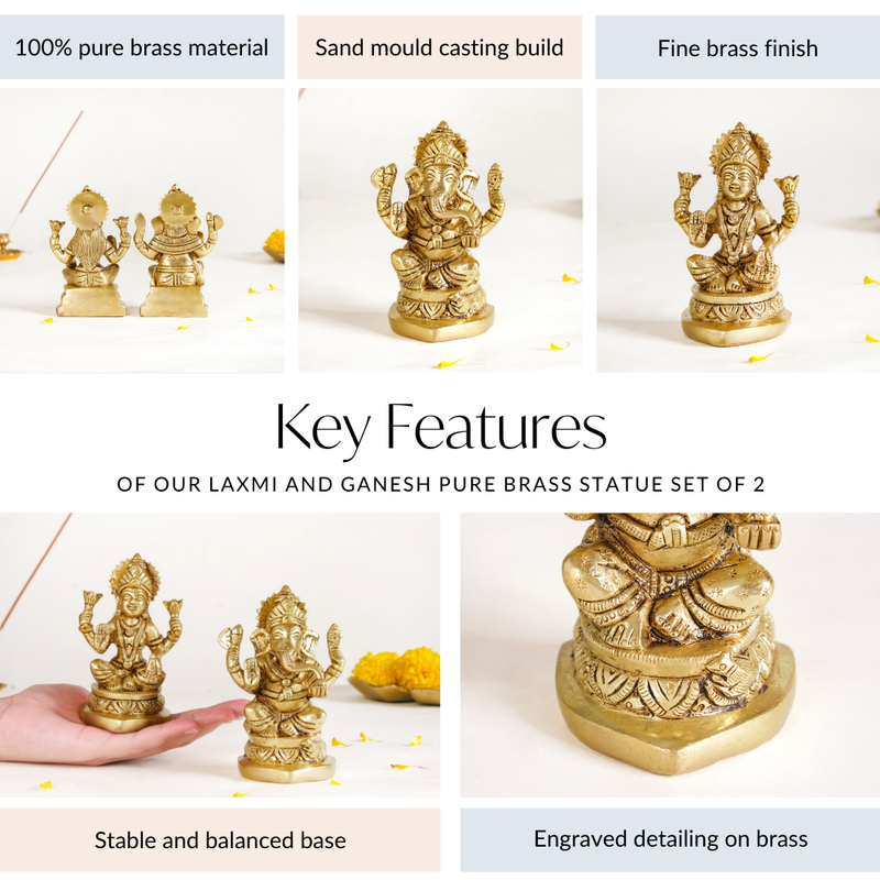 Ganesh Laxmi Pure Brass Statue Set Of 2 11cm - Laxmi and Ganesh Brass Statue, Pure Brass Laxmi Ganesh Idols, Decorative Laxmi Ganesh Home Decor