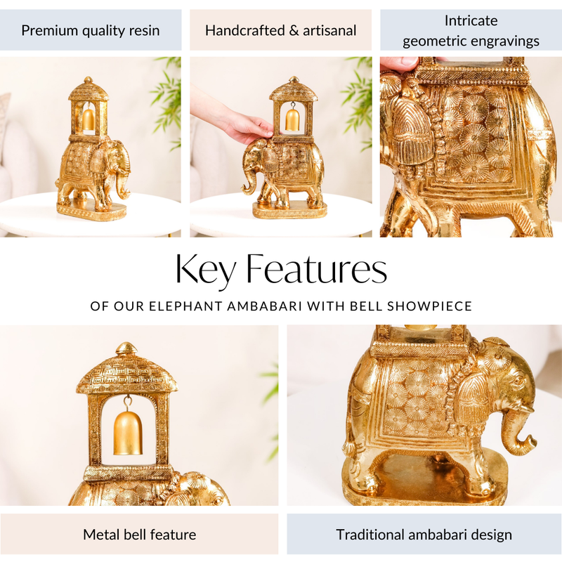 Elephant Ambabari With Bell Showpiece Gold