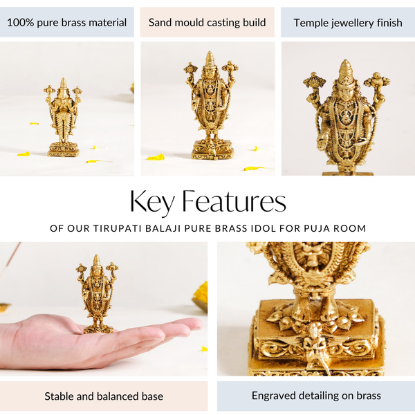 Tirupati Balaji Fine Carving Jewellery Finish Pure Brass Idol 7cm