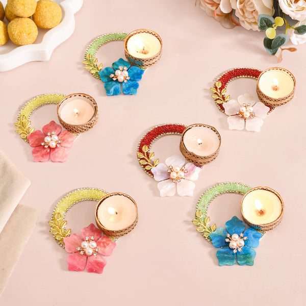 Set Of 6 Floral Ring Tea Light Holders