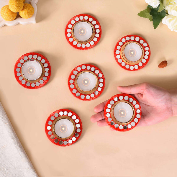 Set Of 6 Mirror Art Red Tea Light Holders