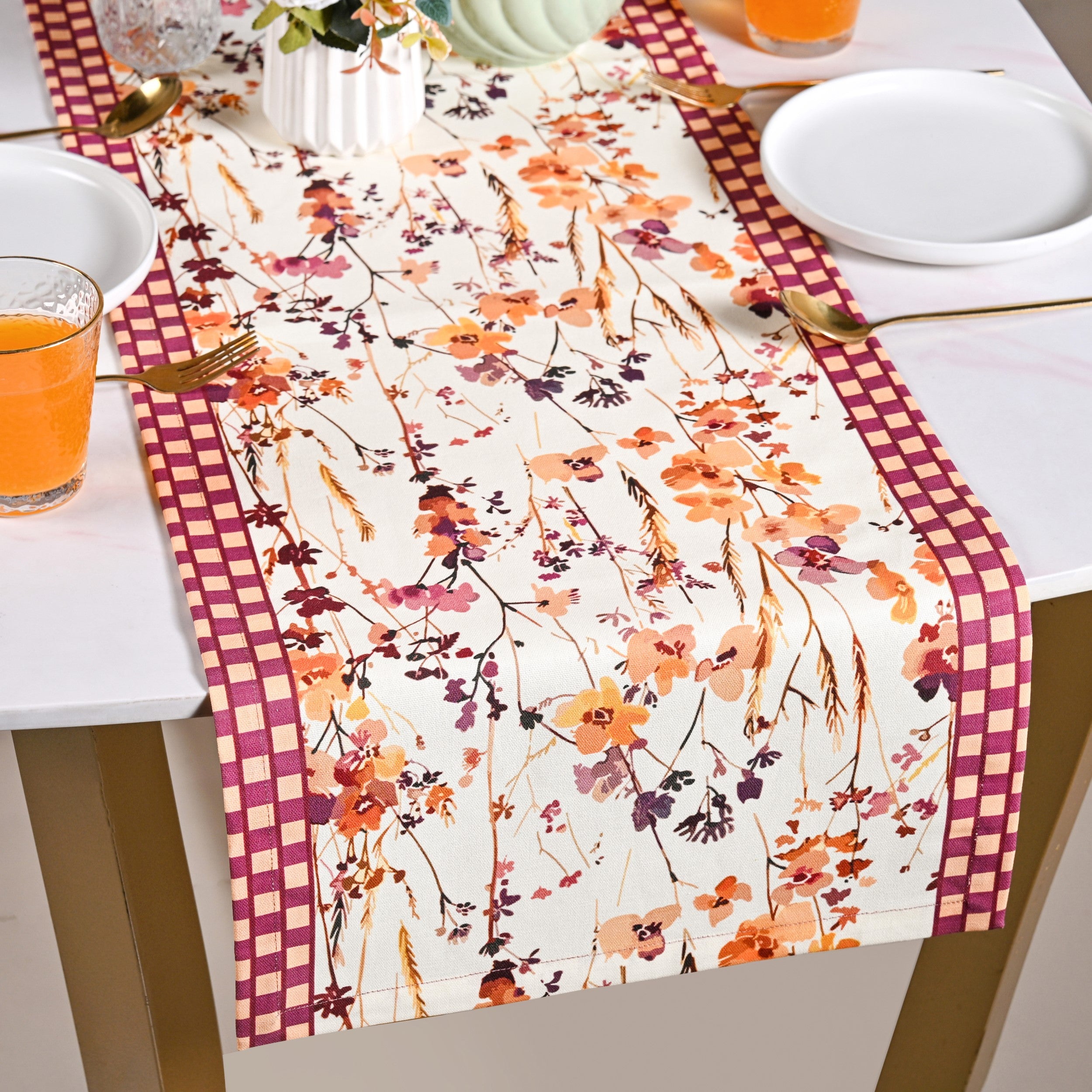 Checkered Border Cotton 8 Seater Runner 264x35cm