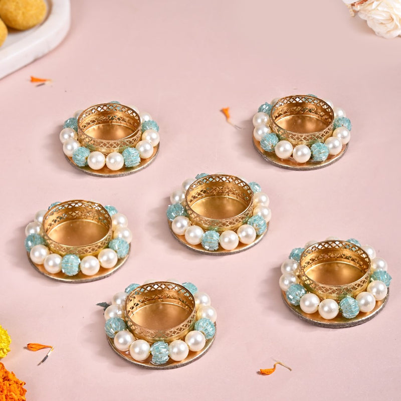 Set Of 6 Metal Tea Light Holders With Faux Pearls