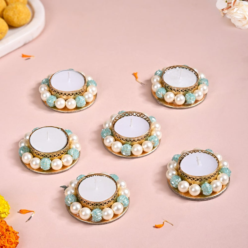 Set Of 6 Metal Tea Light Holders With Faux Pearls