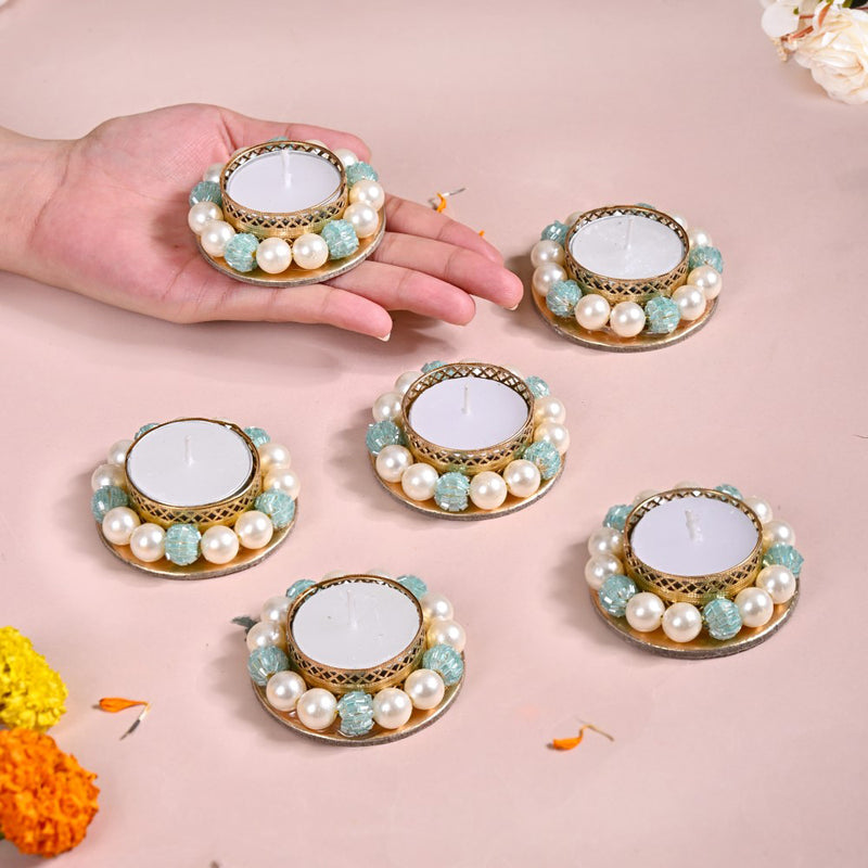 Set Of 6 Metal Tea Light Holders With Faux Pearls