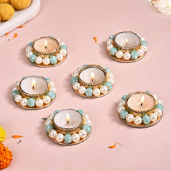 Set Of 6 Metal Tea Light Holders With Faux Pearls