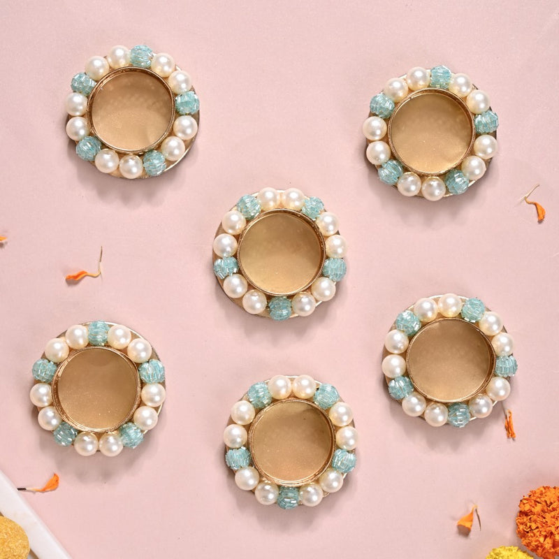 Set Of 6 Metal Tea Light Holders With Faux Pearls