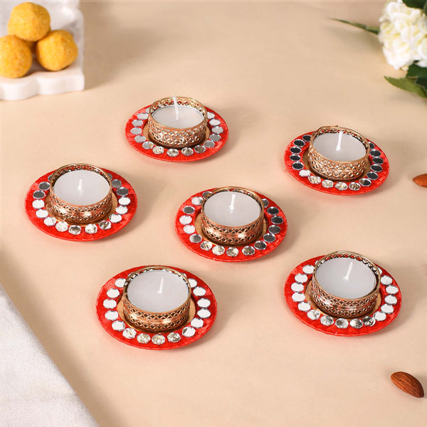 Set Of 6 Mirror Art Red Tea Light Holders