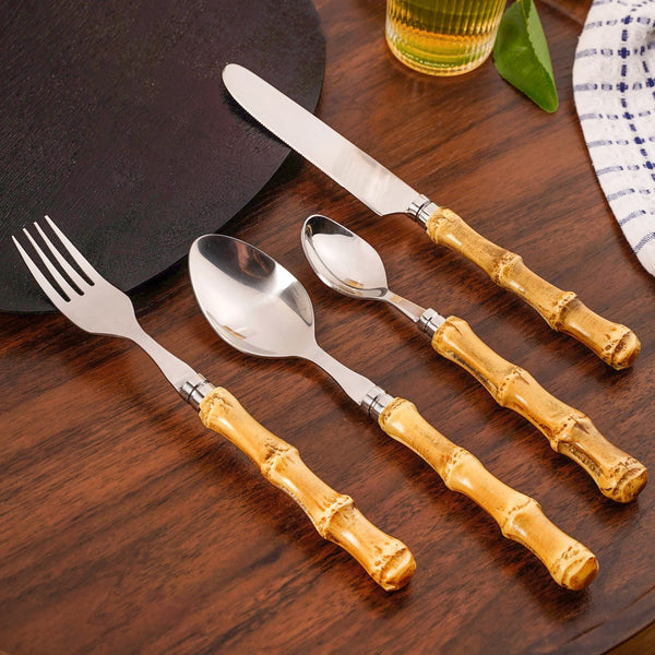 Rustic Bamboo Design Stainless Steel Cutlery Set Of 4