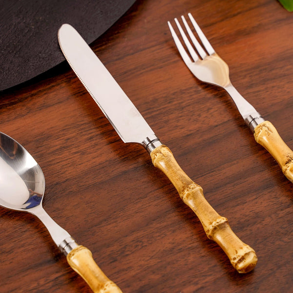 Rustic Bamboo Design Stainless Steel Cutlery Set Of 4