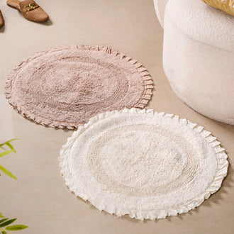 Set Of 2 Circular Frilled Cotton Floor Mats 23 Inch