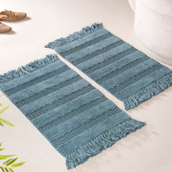 Set Of 2 Handwoven Ribbed Twill Plush Cotton Door Mats Blue 31x17 Inch