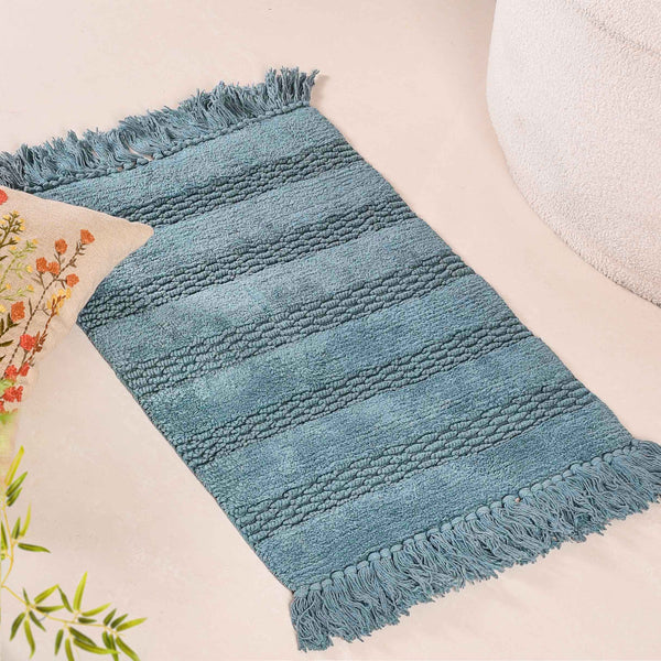 Set Of 2 Handwoven Ribbed Twill Plush Cotton Door Mats Blue 31x17 Inch