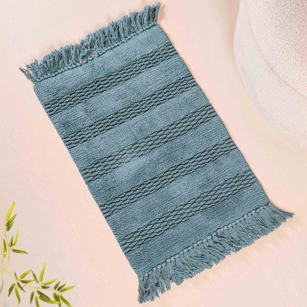 Set Of 2 Handwoven Ribbed Twill Plush Cotton Door Mats Blue 31x17 Inch