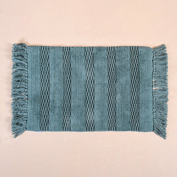 Set Of 2 Handwoven Ribbed Twill Plush Cotton Door Mats Blue 31x17 Inch