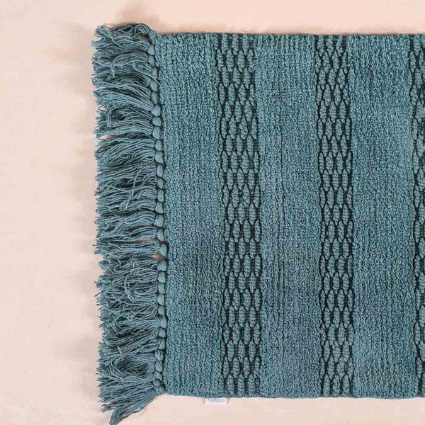 Set Of 2 Handwoven Ribbed Twill Plush Cotton Door Mats Blue 31x17 Inch