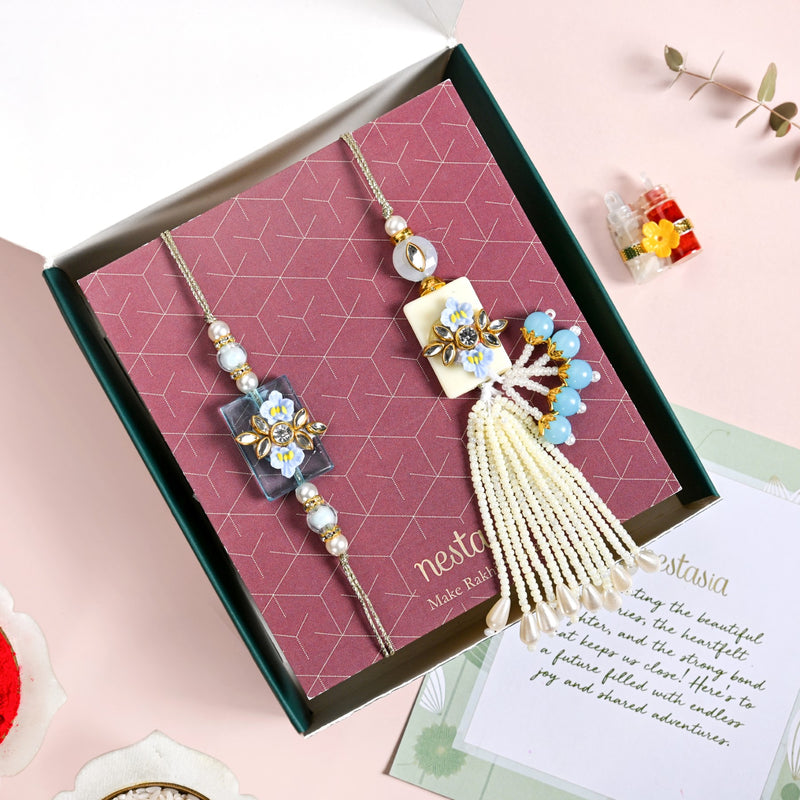 Flora Pearl Blue Couple Rakhi Set