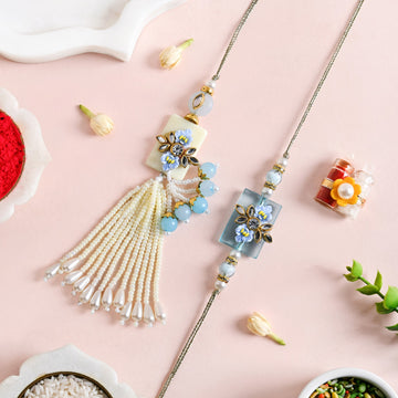 Flora Pearl Blue Couple Rakhi Set