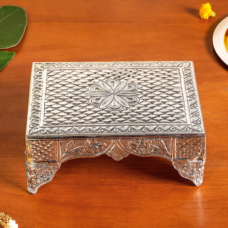 Flora Rectangle Pooja Chowki Silver