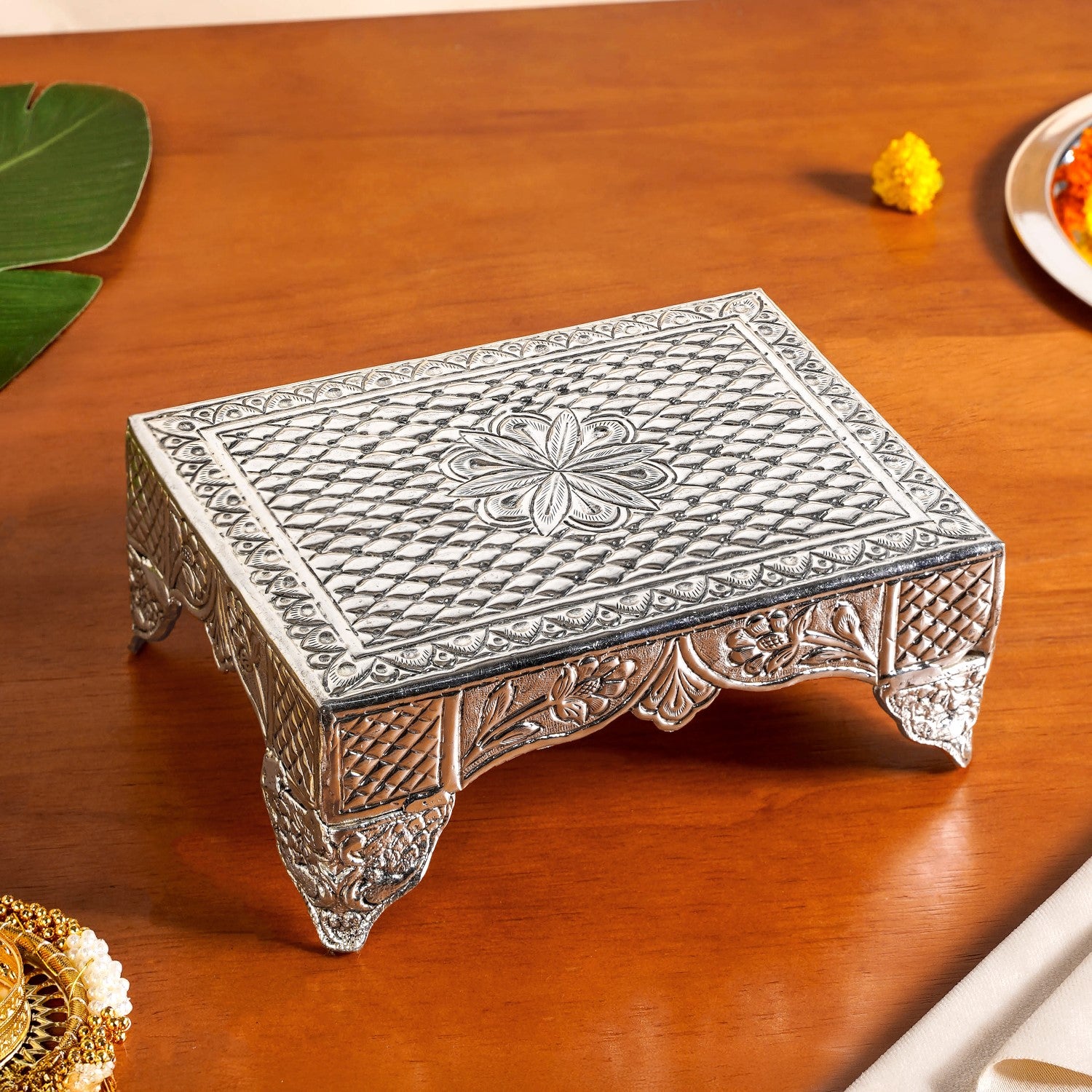 Flora Chowki Brass With Pure Silver Polish 20x15cm