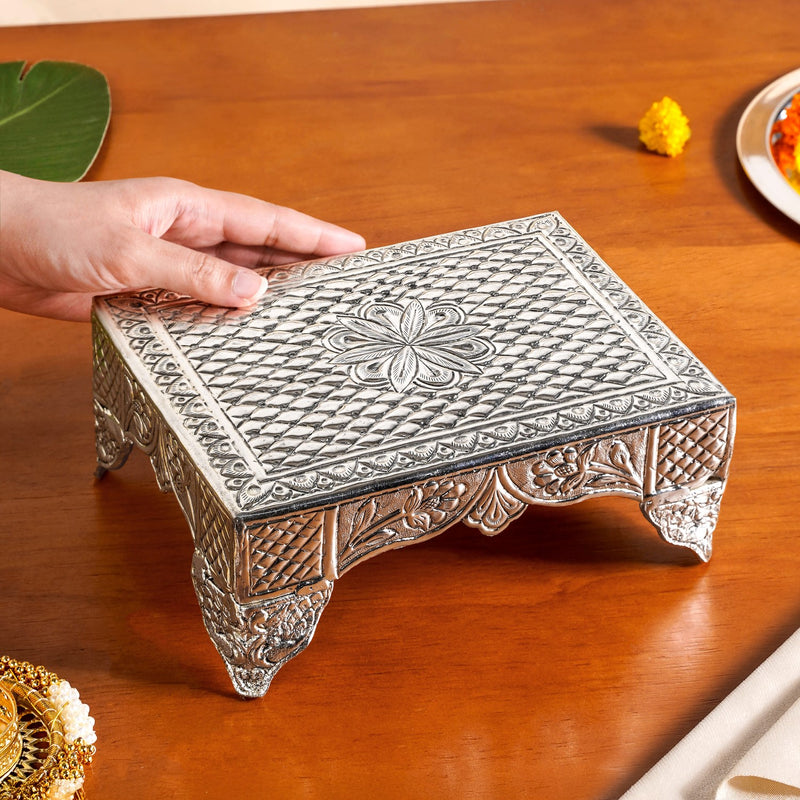 Flora Rectangle Pooja Chowki Silver