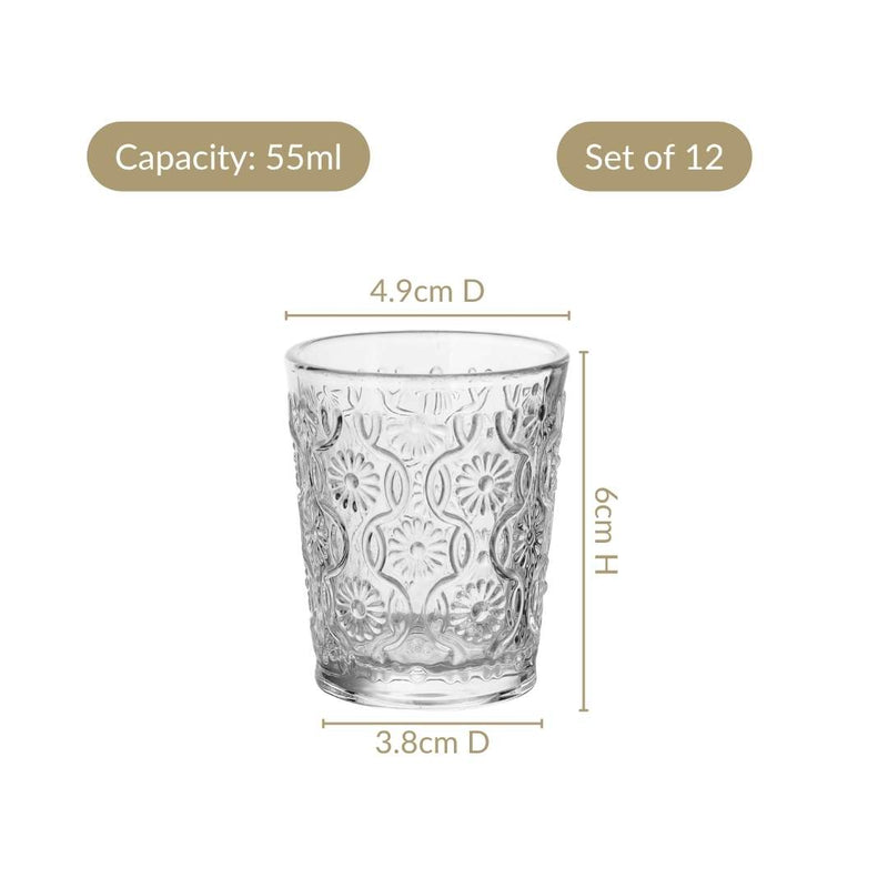 Floral Embossed Shot Glass Set Of 12 55ml
