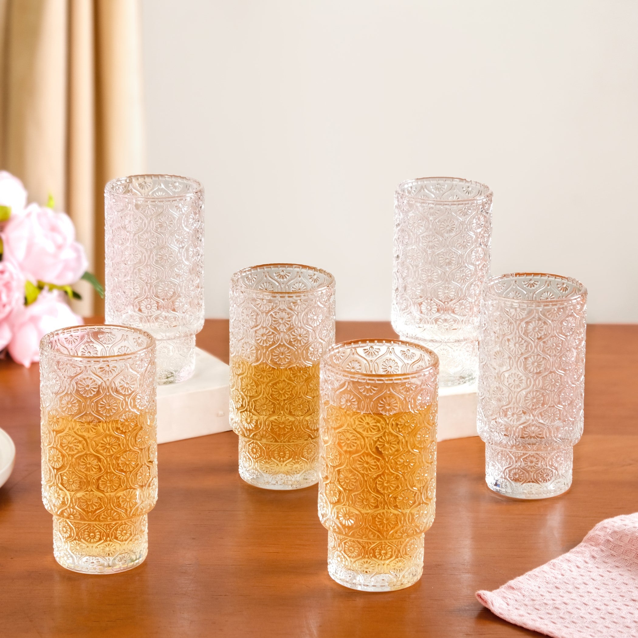 Floral Embossed Glass Tumblers Set Of 6 330ml Online - Premium Tumbler ...