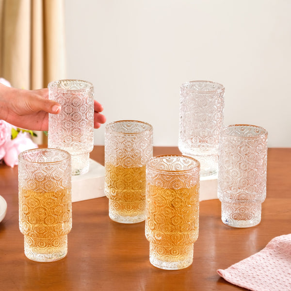 Floral Embossed Tall Glass Tumblers Set Of 6 330ml