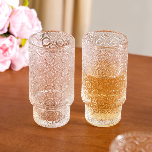 Floral Embossed Tall Glass Tumblers Set Of 6 330ml