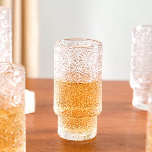 Floral Embossed Tall Glass Tumblers Set Of 6 330ml